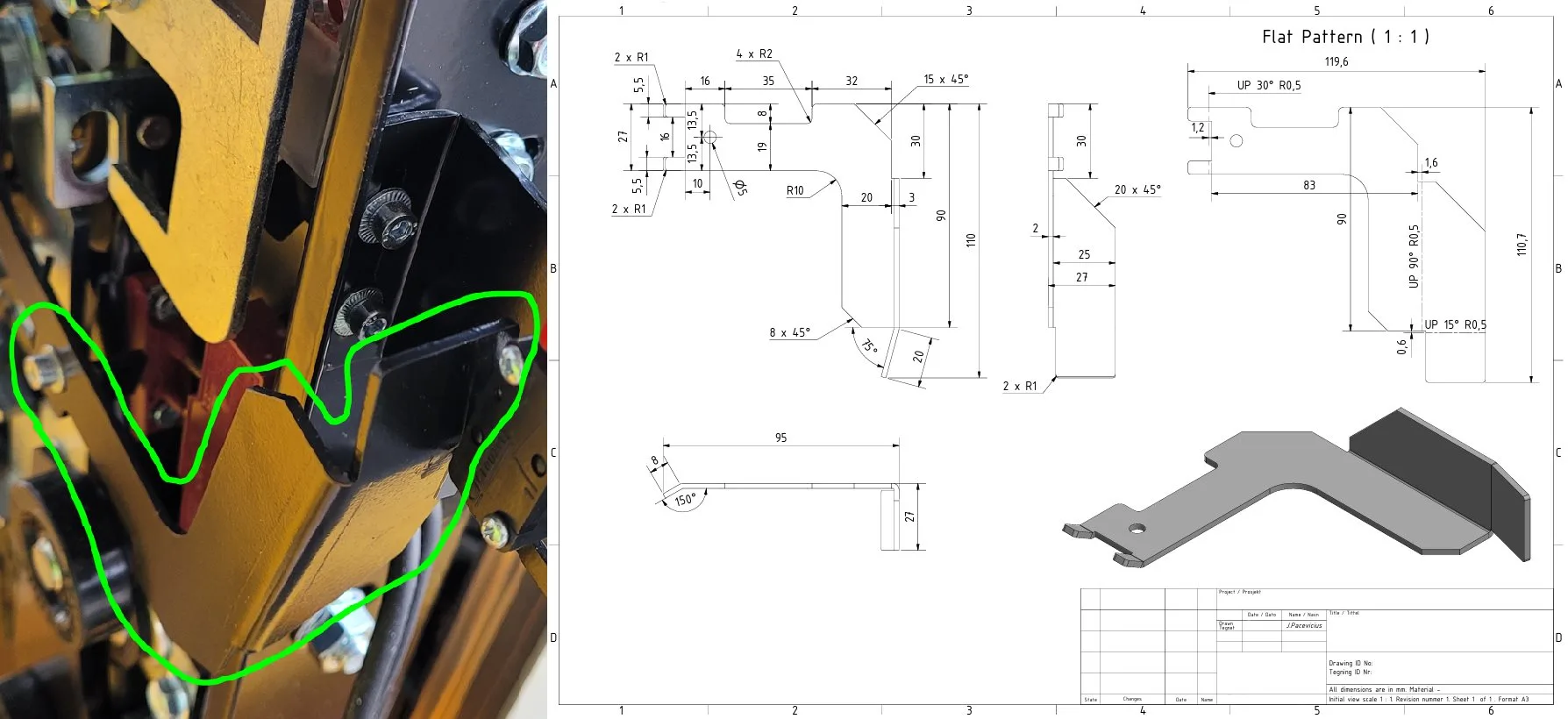 CAD model of a reverse-engineered elevator door interlock lever
